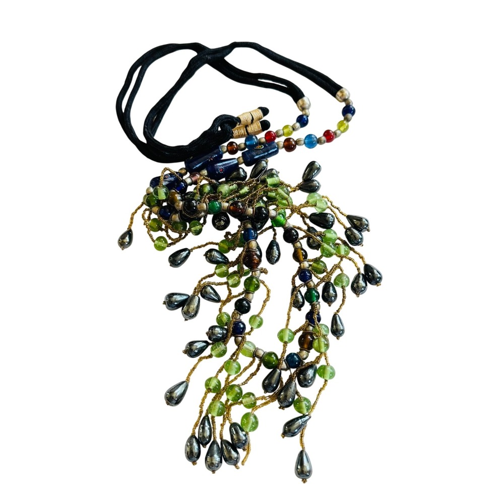 VTG BOHO belt Necklace colorful poured Glass‎ beads Statement 70s millefiori 52"